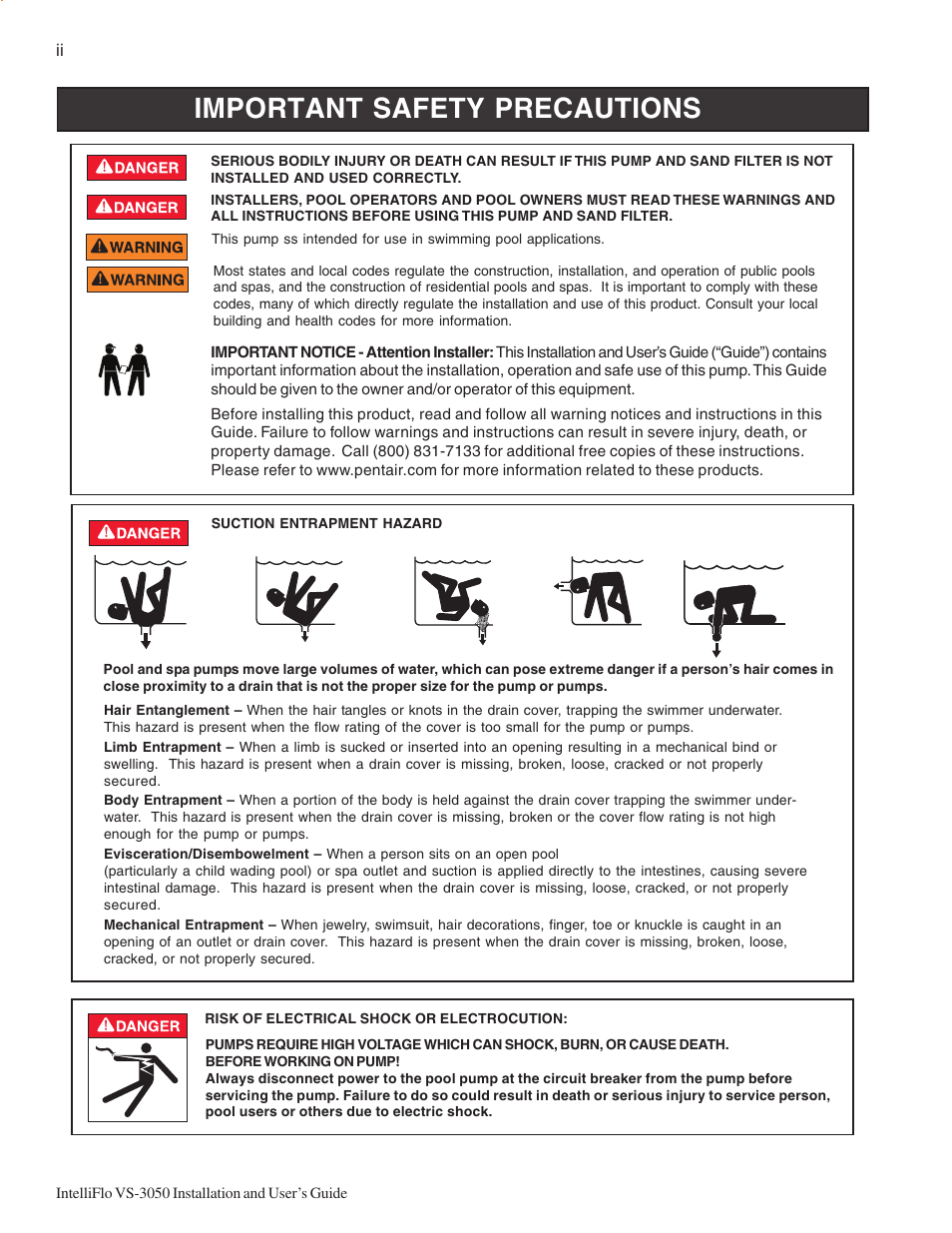 Important safety precautions | Pentair INTELLIFLO VS-3050 User Manual | Page 4 / 44