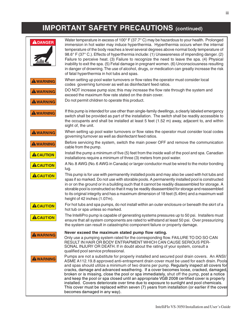 Important safety precautions | Pentair INTELLIFLO VS-3050 User Manual | Page 5 / 44