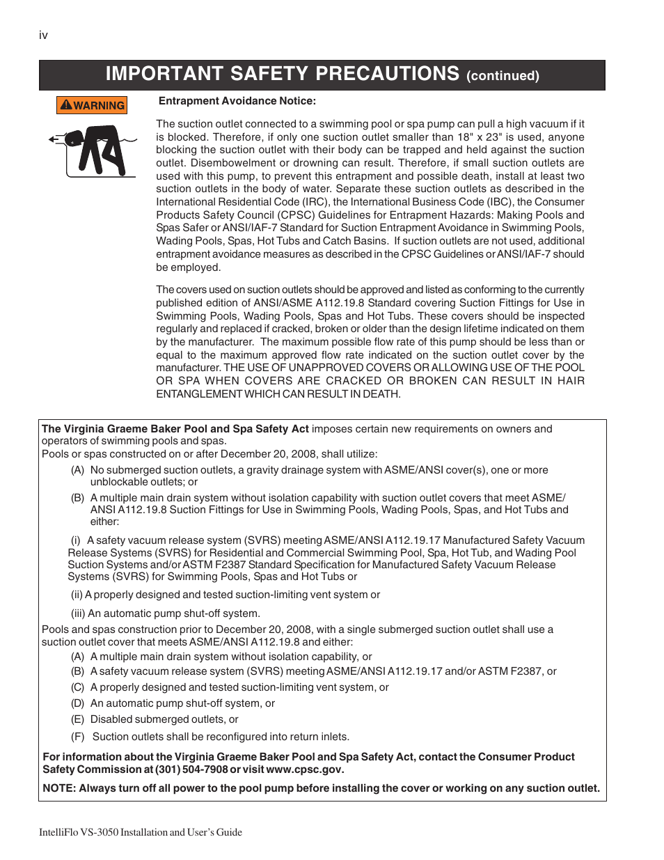 Important safety precautions | Pentair INTELLIFLO VS-3050 User Manual | Page 6 / 44