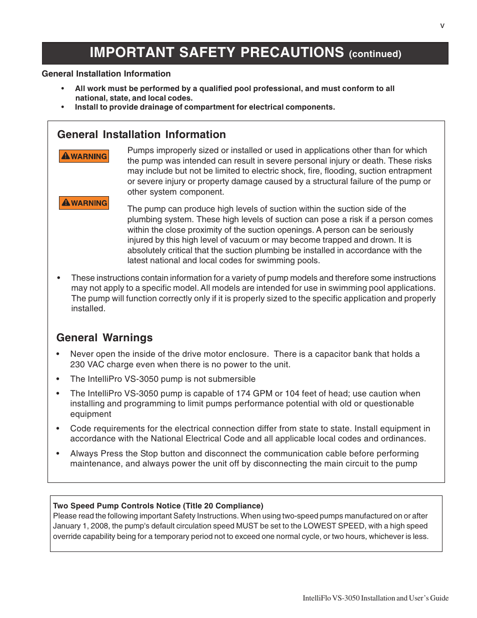 Important safety precautions, General installation information, General warnings | Pentair INTELLIFLO VS-3050 User Manual | Page 7 / 44