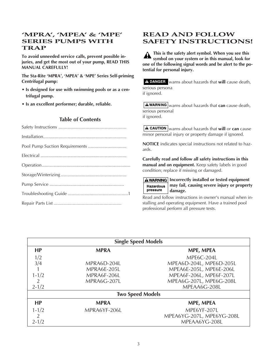 Read and follow safety instructions | Pentair Sta-Rite MPEA User Manual | Page 3 / 16