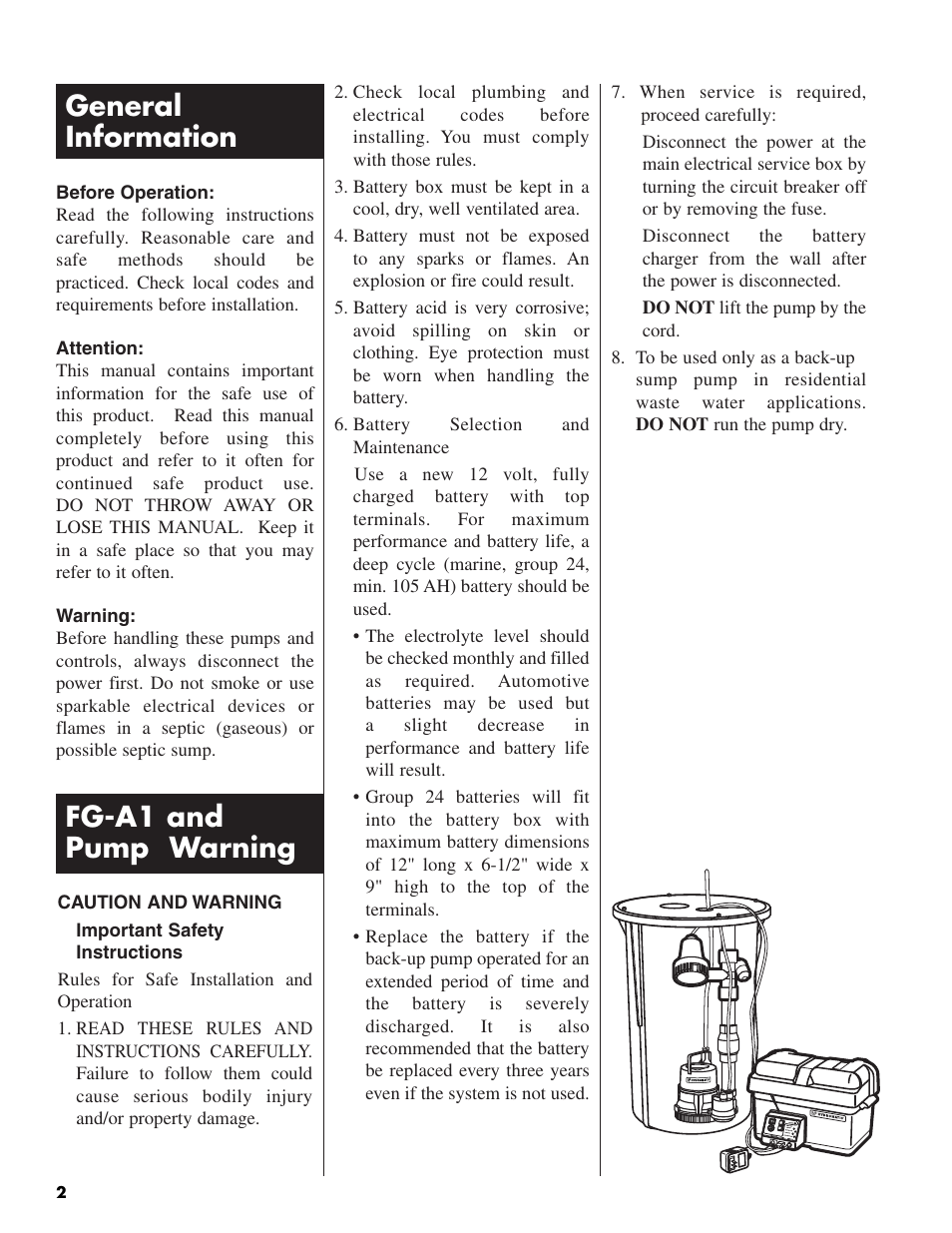 28028 w-03-435 v1r00_2, General information fg-a1 and pump warning | Pentair FG-A1 User Manual | Page 2 / 8