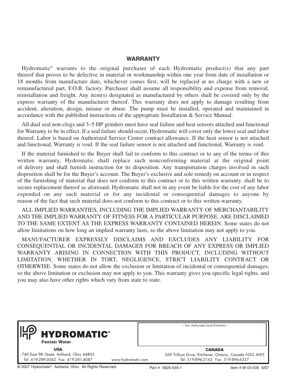 28028 w-03-435 v1r00_8, Warranty hydromatic | Pentair FG-A1 User Manual | Page 8 / 8