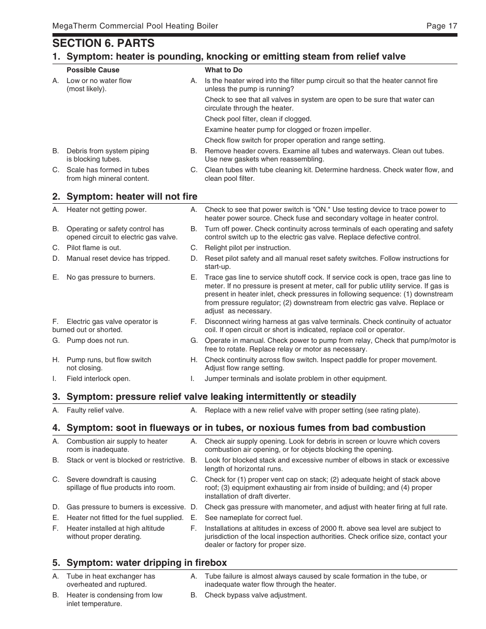 Symptom: heater will not fire, Symptom: water dripping in firebox | Pentair MT Sizes 500 User Manual | Page 17 / 32