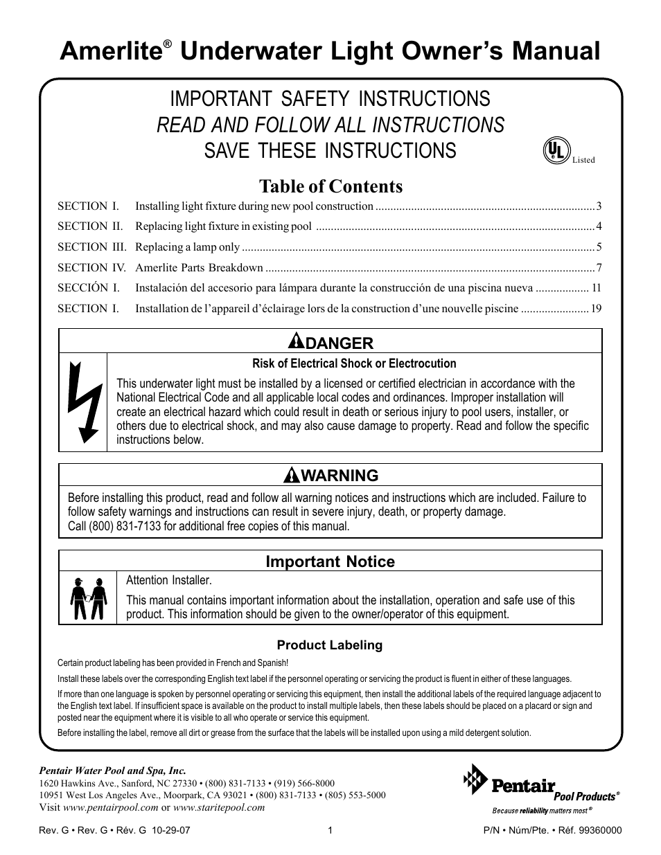 Pentair Underwater Light Amerlite User Manual | 24 pages