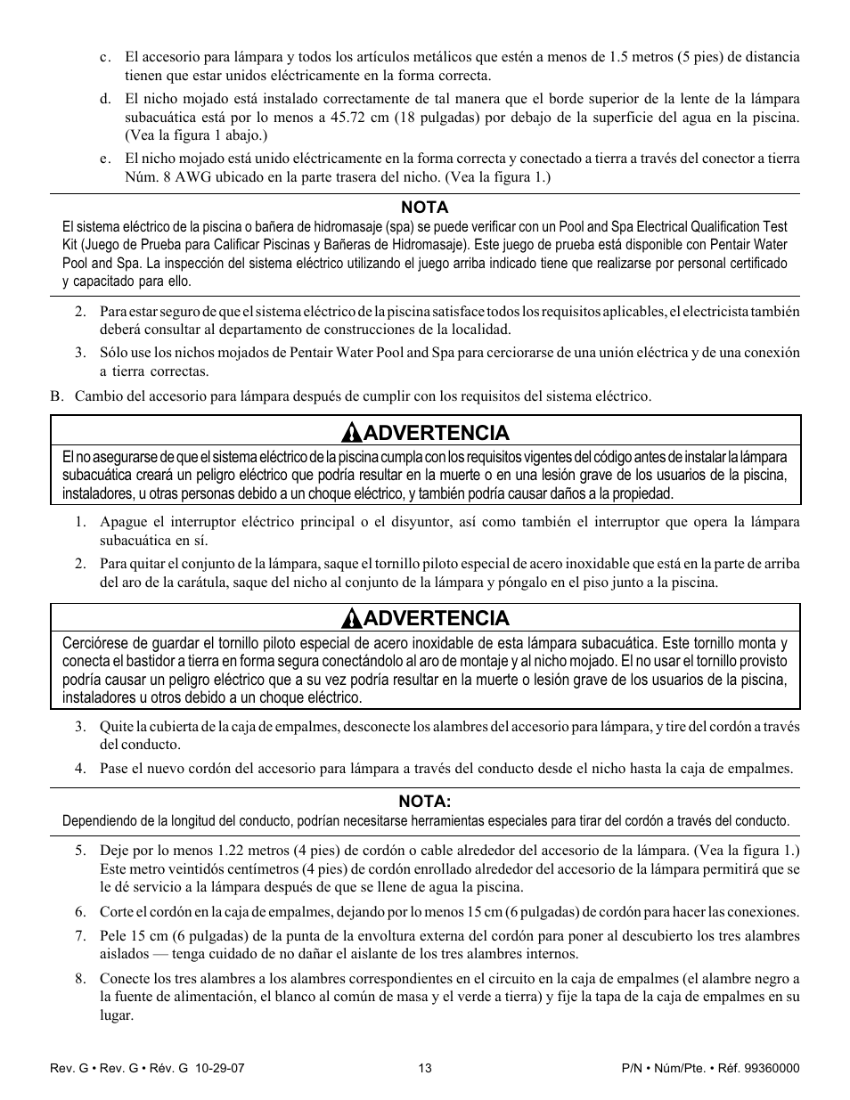 Advertencia | Pentair Underwater Light Amerlite User Manual | Page 13 / 24