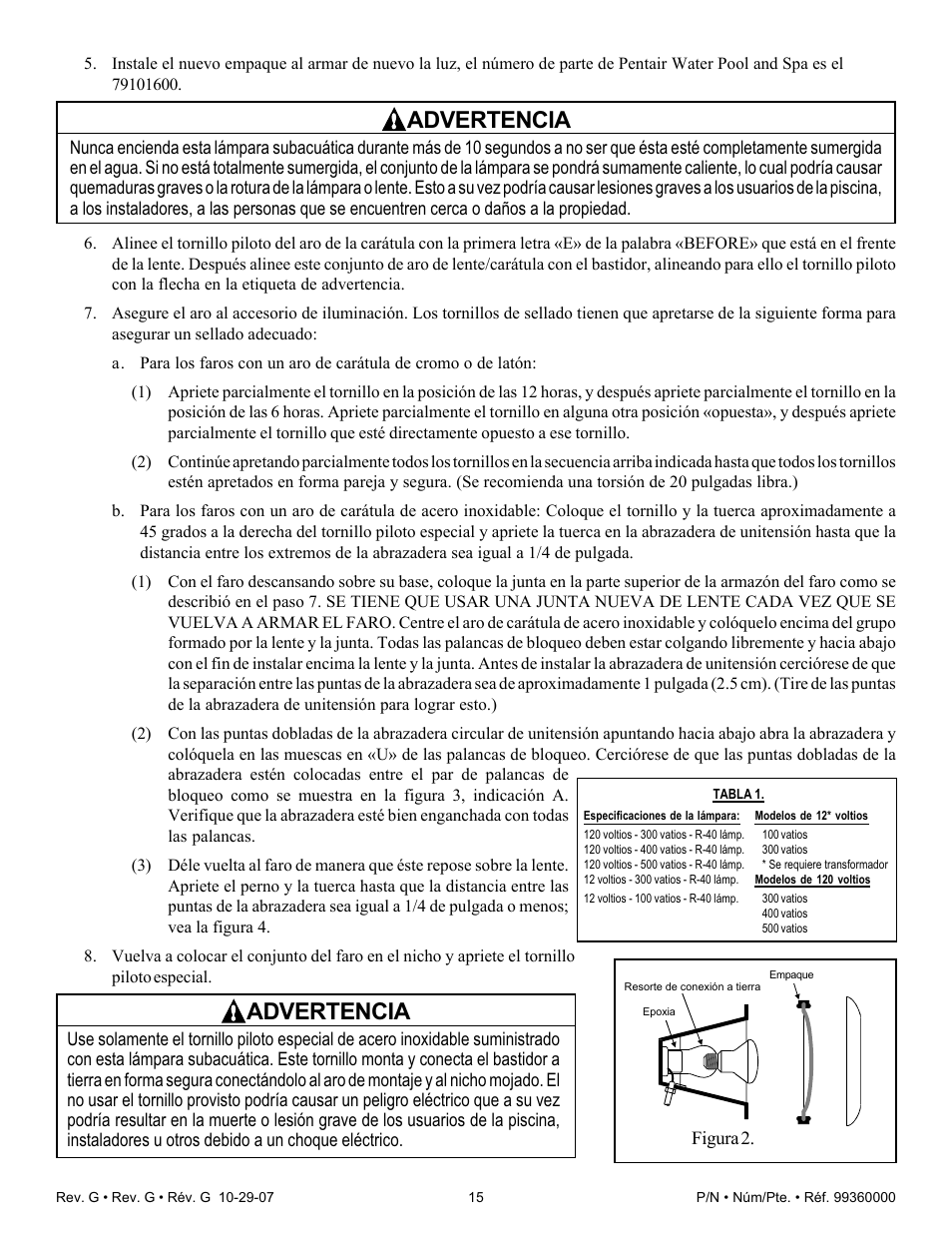 Advertencia | Pentair Underwater Light Amerlite User Manual | Page 15 / 24