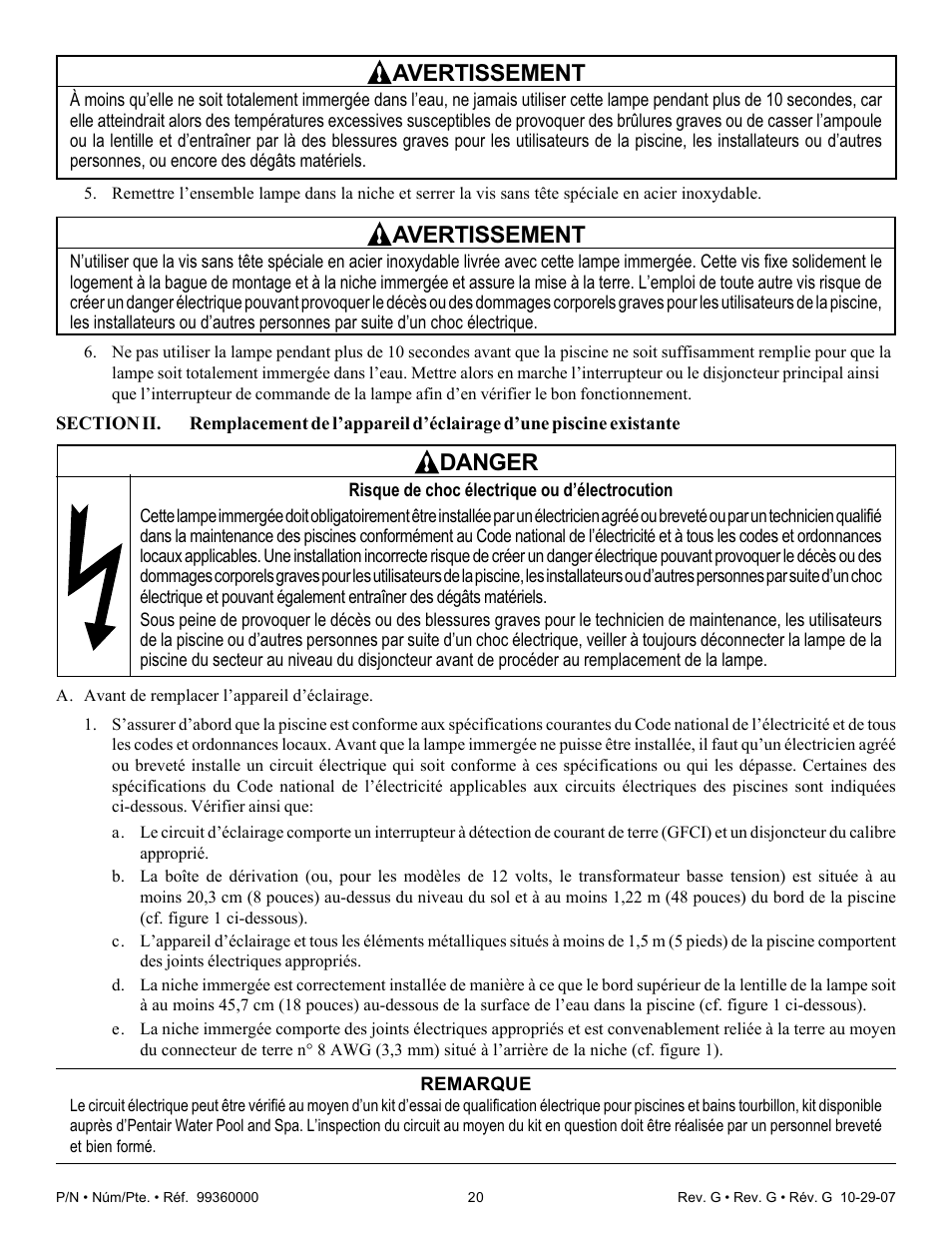 Avertissement, Danger | Pentair Underwater Light Amerlite User Manual | Page 20 / 24