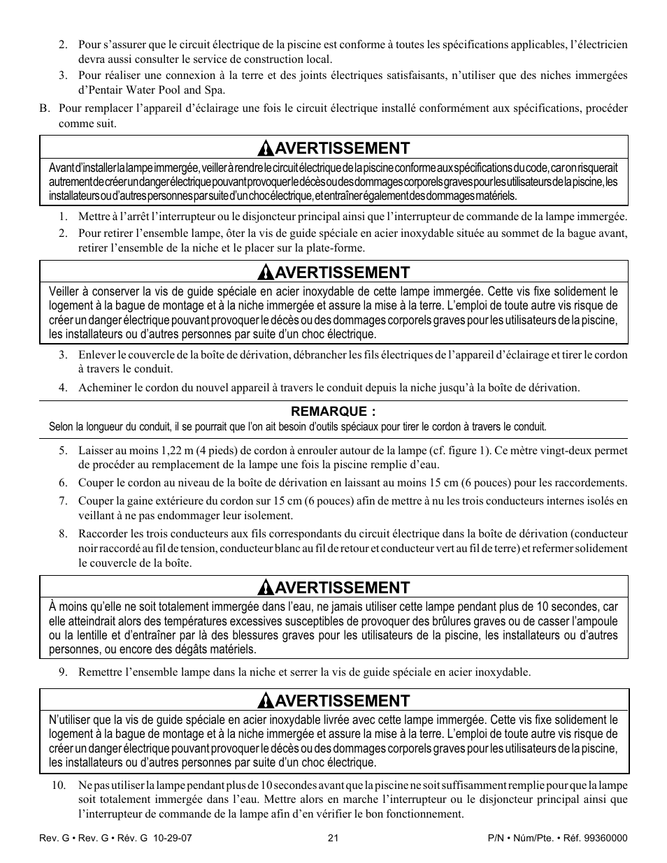 Avertissement | Pentair Underwater Light Amerlite User Manual | Page 21 / 24