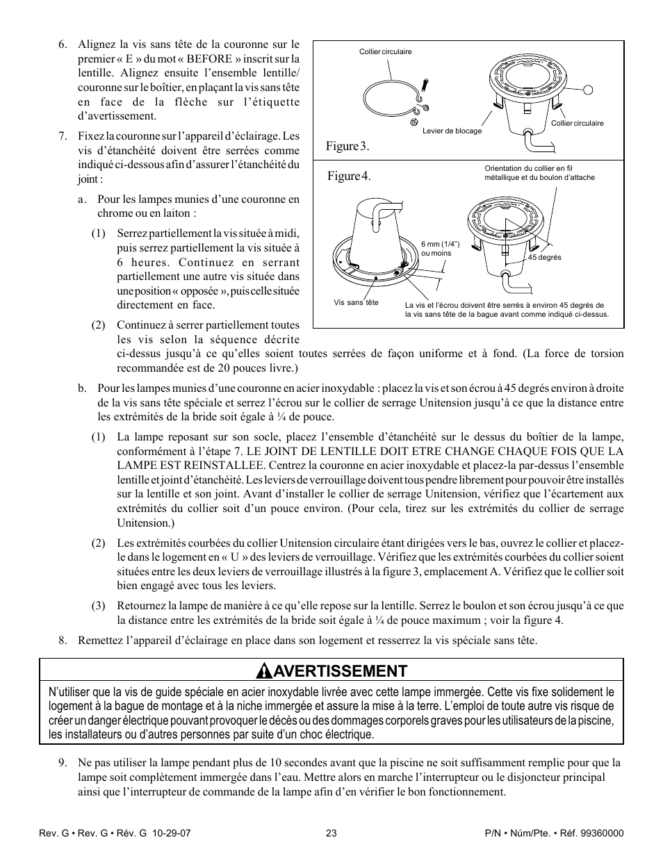 Avertissement | Pentair Underwater Light Amerlite User Manual | Page 23 / 24