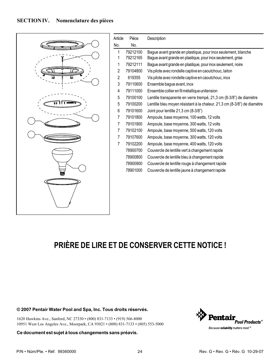 Prière de lire et de conserver cette notice | Pentair Underwater Light Amerlite User Manual | Page 24 / 24