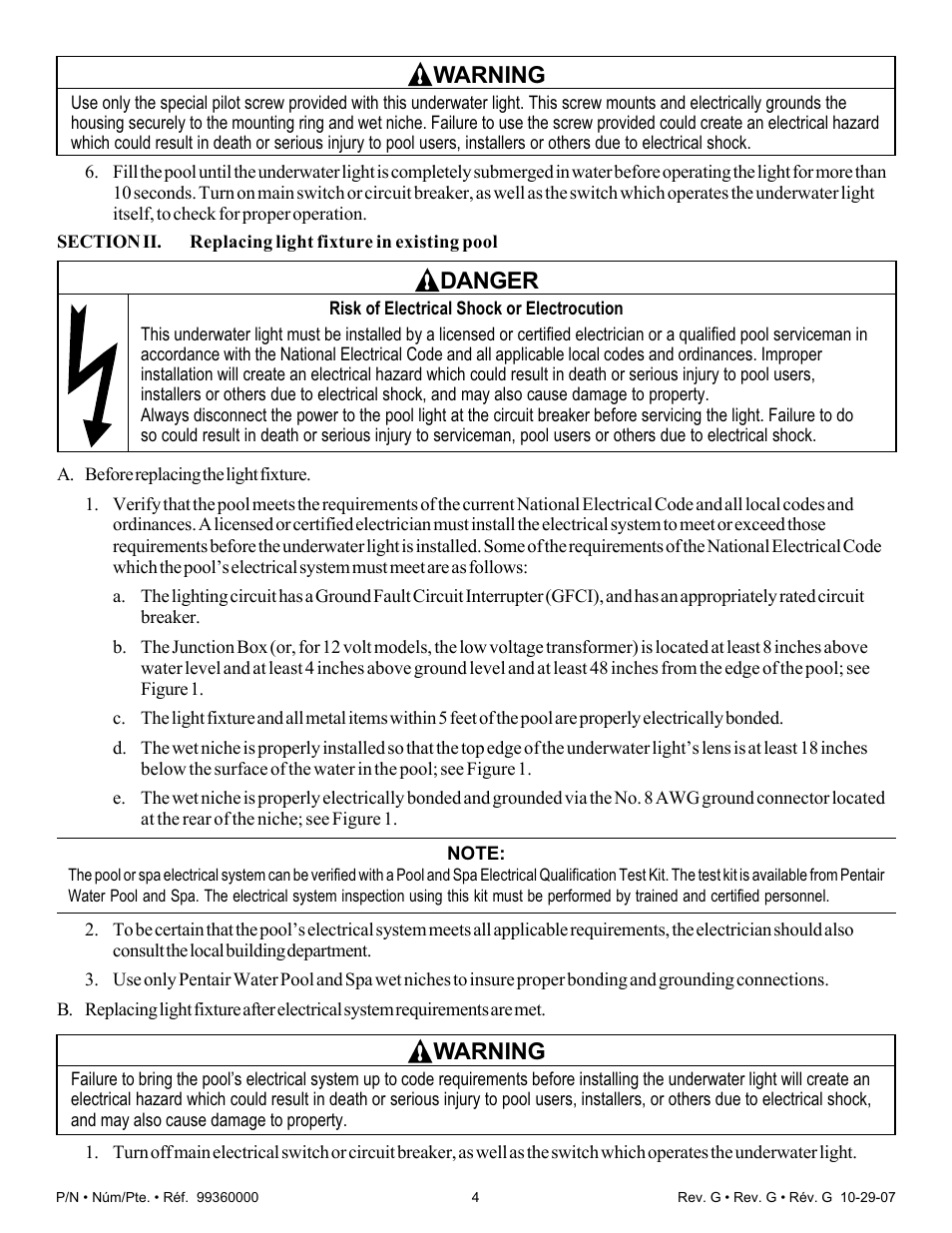 Warning, Danger | Pentair Underwater Light Amerlite User Manual | Page 4 / 24