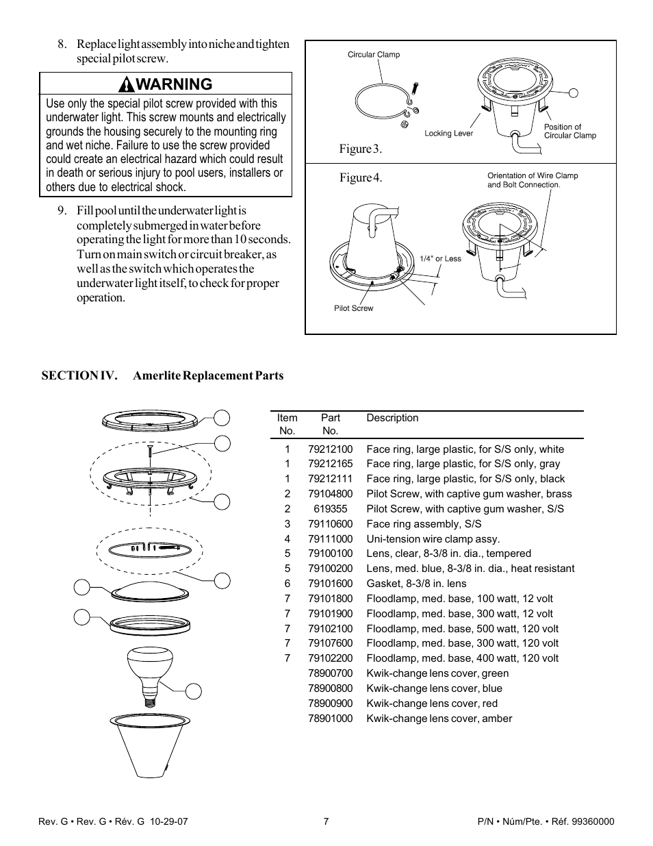 Warning | Pentair Underwater Light Amerlite User Manual | Page 7 / 24