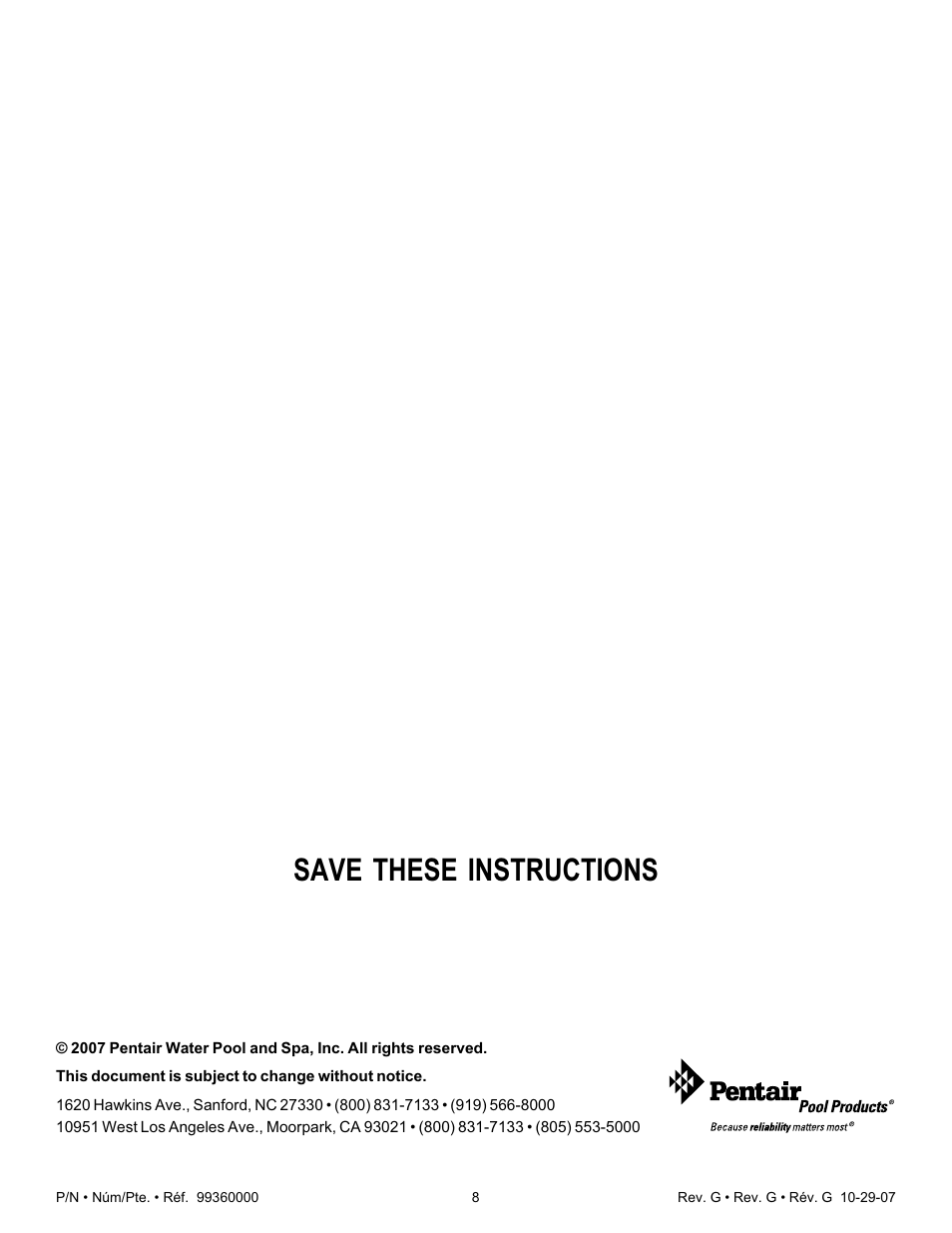Save these instructions | Pentair Underwater Light Amerlite User Manual | Page 8 / 24