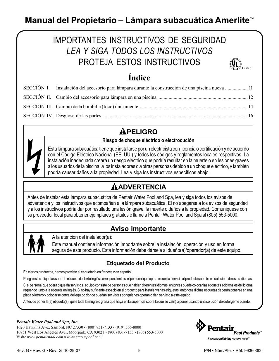 Índice, Aviso importante, Advertencia peligro | Pentair Underwater Light Amerlite User Manual | Page 9 / 24