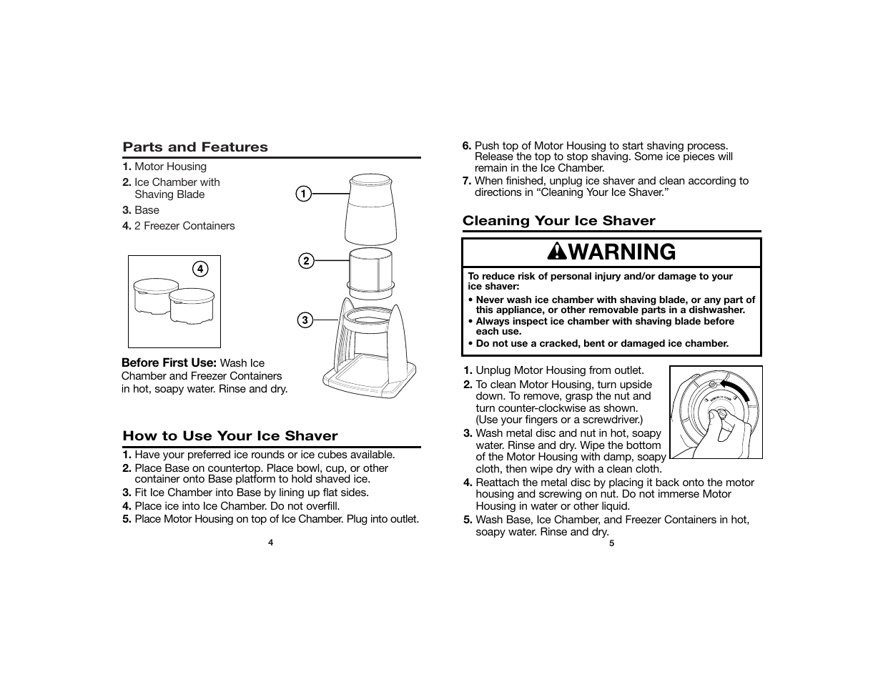 Wwarning | Proctor-Silex Ice Shaver User Manual | Page 3 / 5