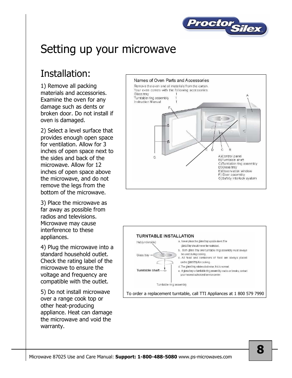 8setting up your microwave, Installation | Proctor-Silex Microwave Oven 87025 User Manual | Page 8 / 17