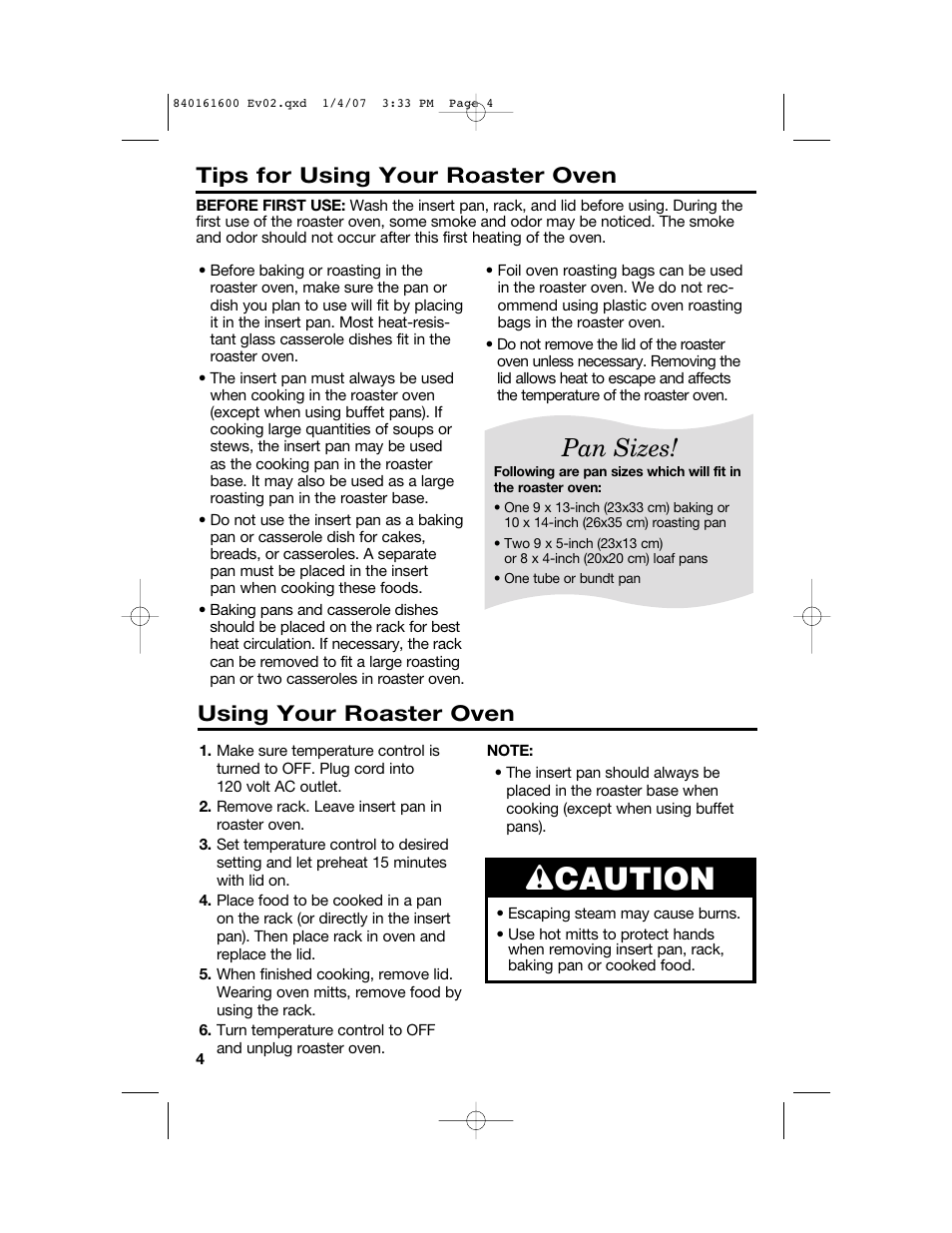 Wcaution, Pan sizes, Using your roaster oven | Tips for using your roaster oven | Proctor-Silex 840161600 User Manual | Page 4 / 32