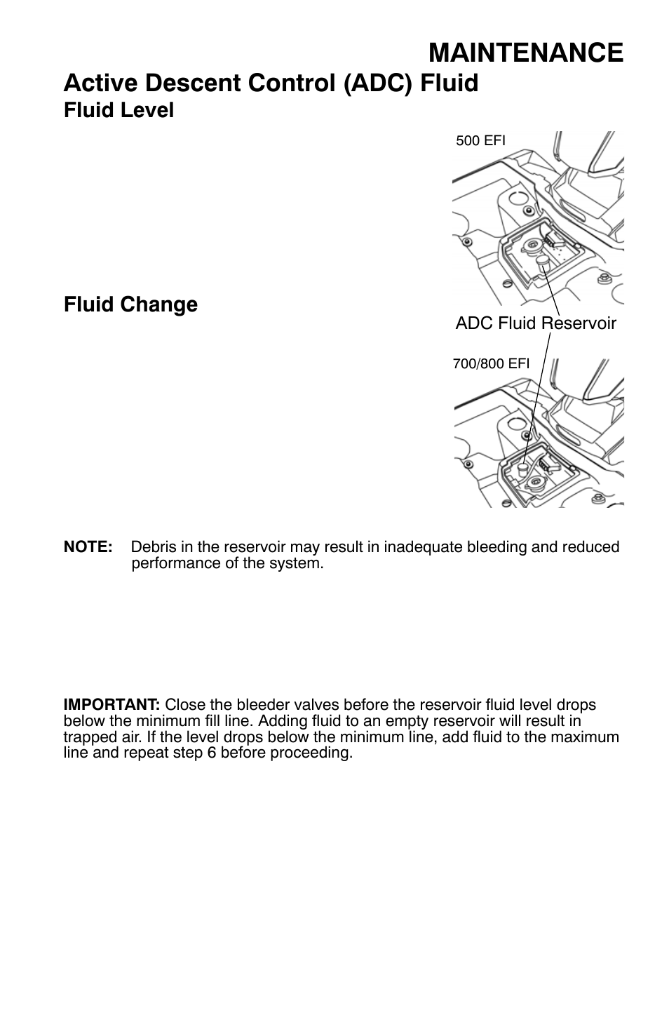 Maintenance, Active descent control (adc) fluid, Fluid level | Fluid change | Polaris Sportsman 500 EFI X2 User Manual | Page 101 / 157