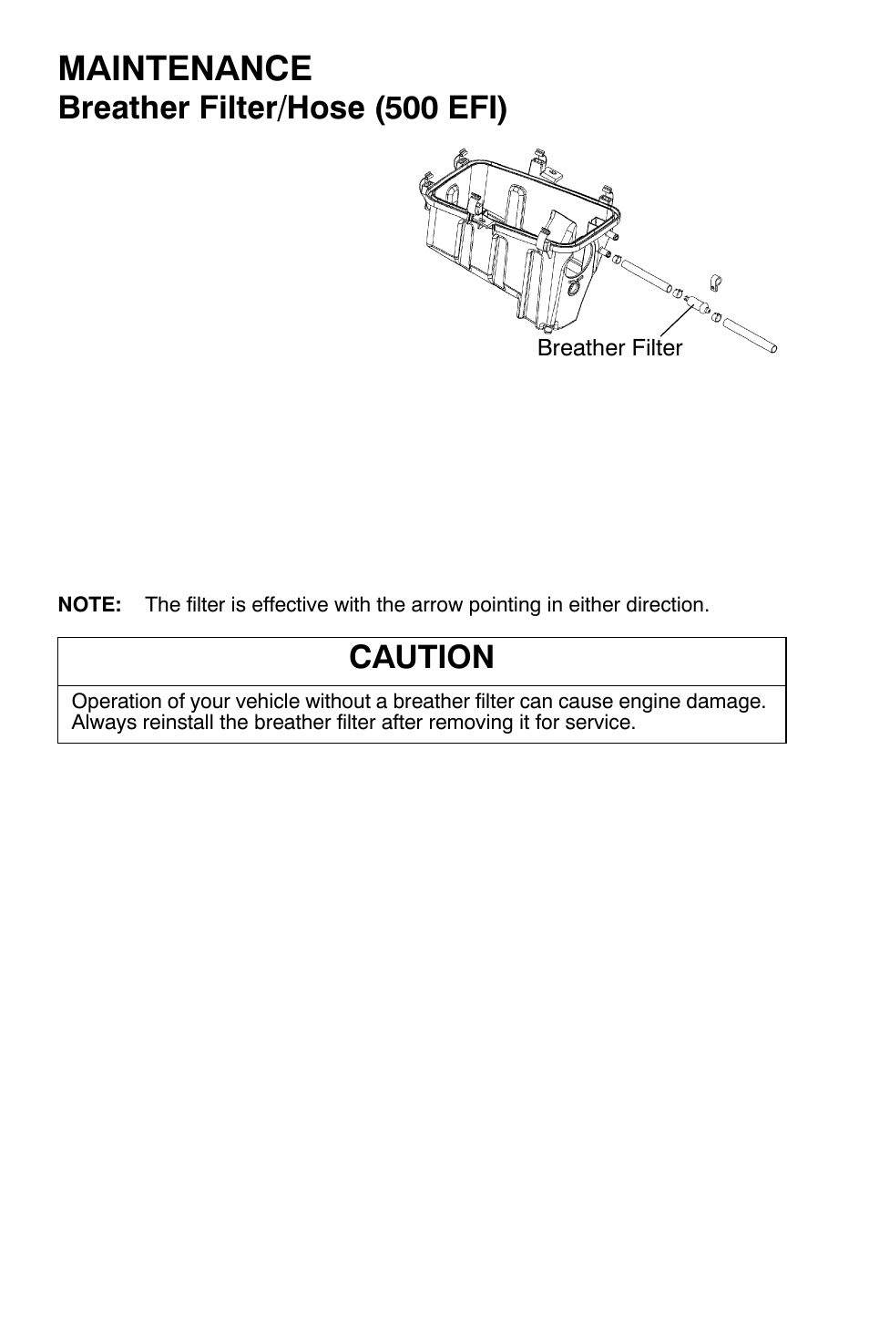 Maintenance, Breather filter/hose (500 efi), Caution | Polaris Sportsman 9920630 User Manual | Page 104 / 149