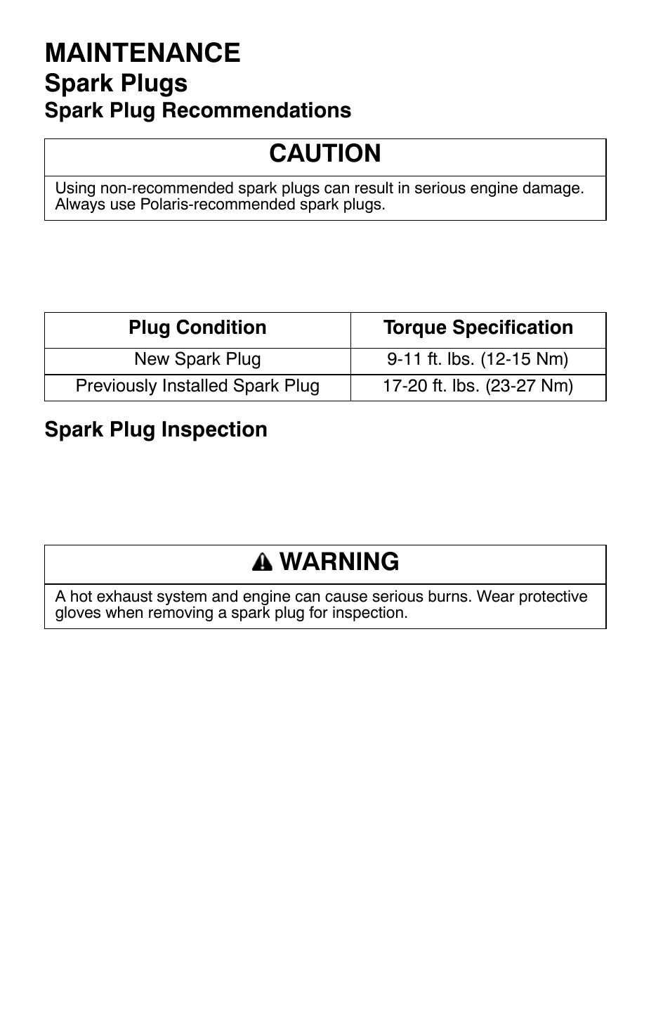 Maintenance, Spark plugs, Caution | Warning | Polaris Sportsman 9920630 User Manual | Page 110 / 149