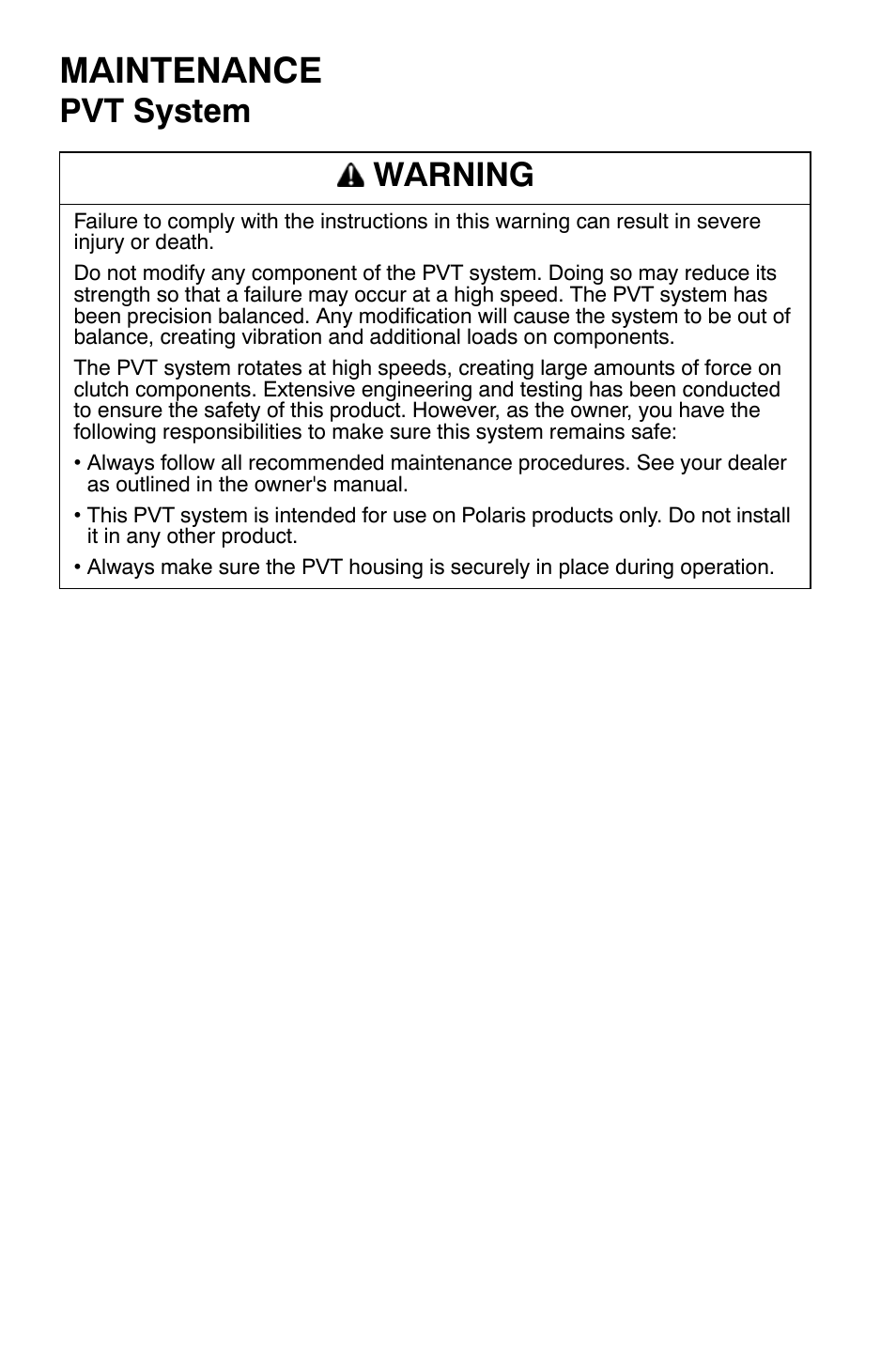 Maintenance, Pvt system warning | Polaris Sportsman 9920630 User Manual | Page 114 / 149