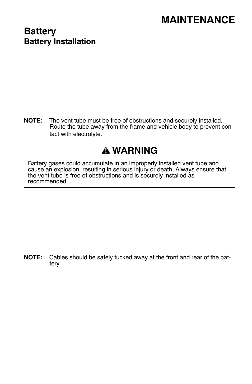 Maintenance, Battery, Warning | Battery installation | Polaris Sportsman 9920630 User Manual | Page 119 / 149