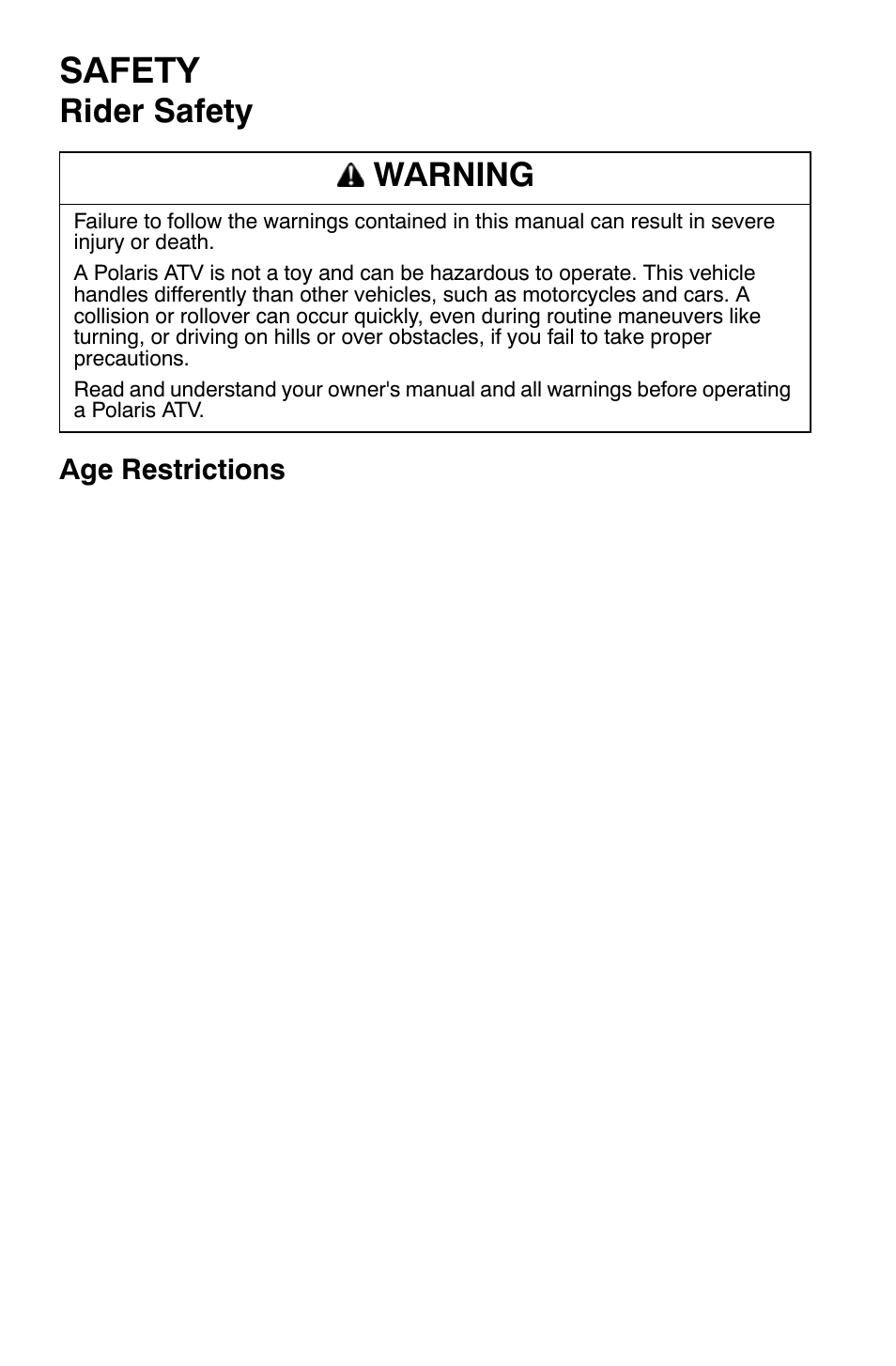 Safety, Rider safety, Warning | Age restrictions | Polaris Sportsman 9920630 User Manual | Page 12 / 149