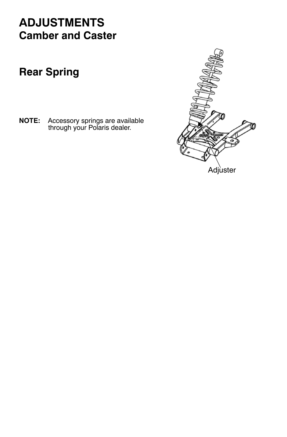Adjustments, Camber and caster, Rear spring | Polaris Sportsman 9920630 User Manual | Page 130 / 149