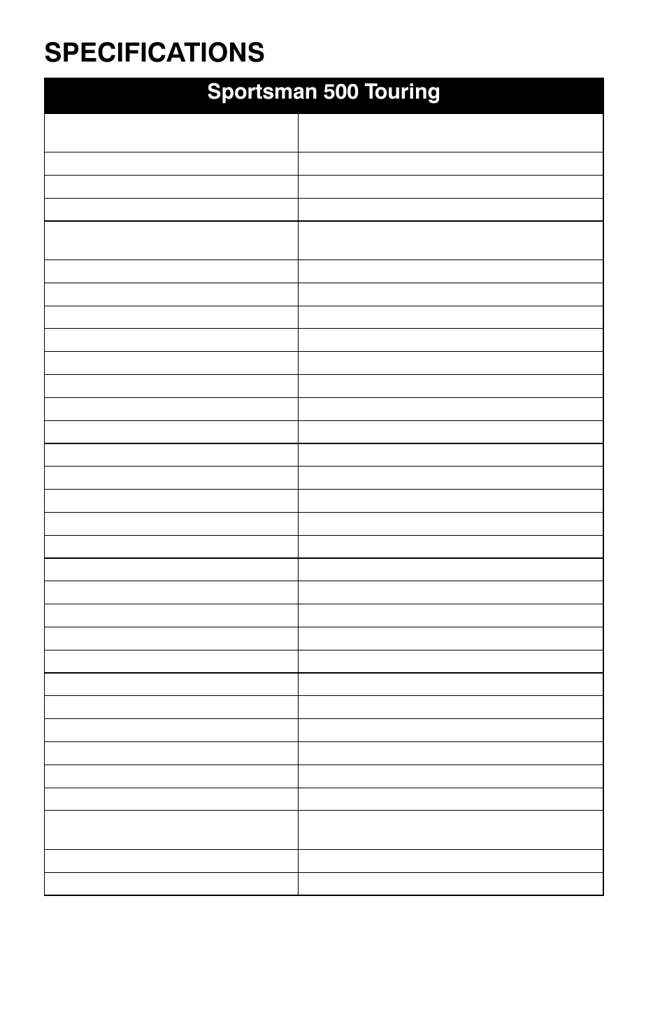 Specifications, Sportsman 500 touring | Polaris Sportsman 9920630 User Manual | Page 138 / 149