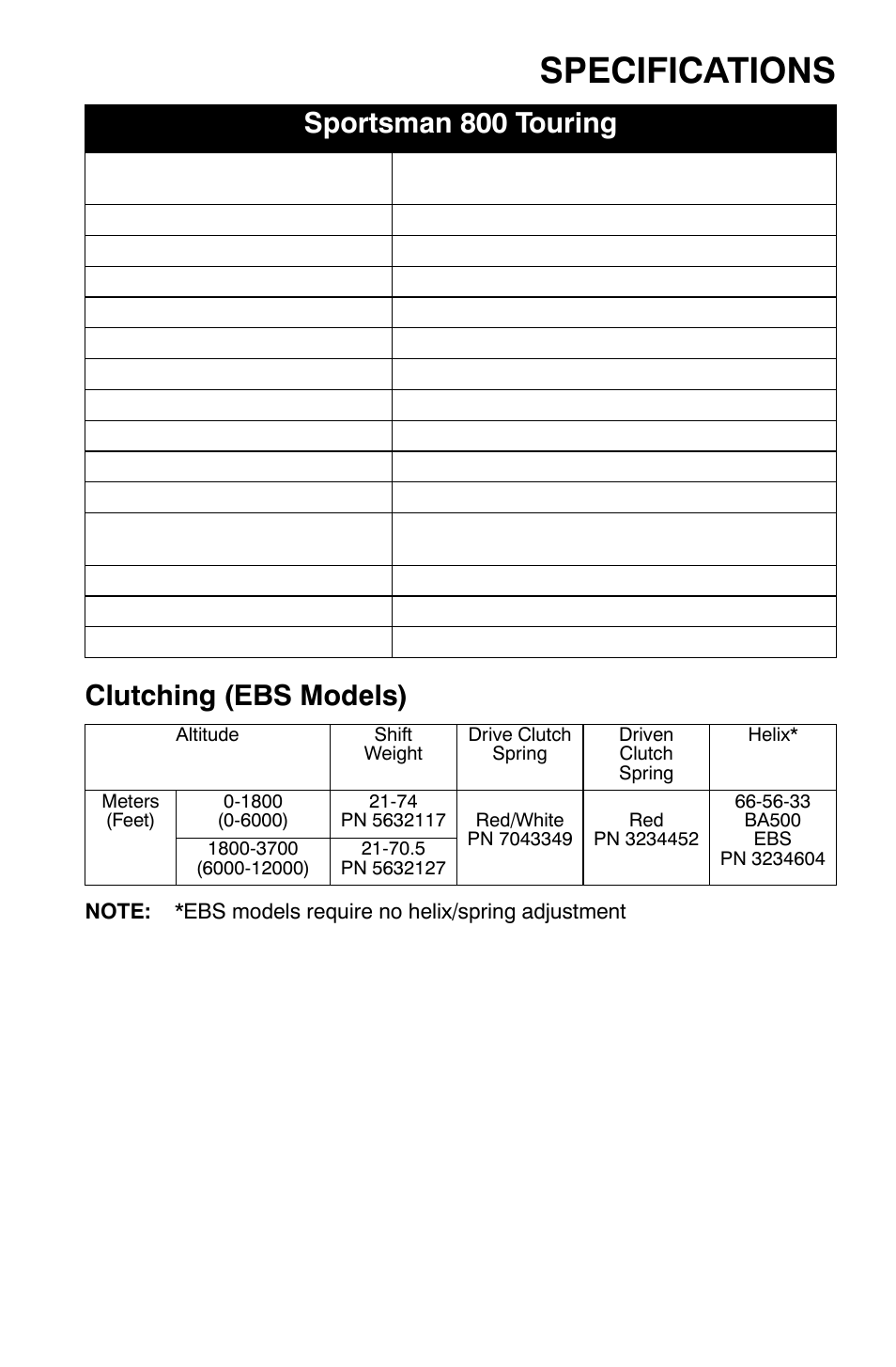 Specifications, Clutching (ebs models), Sportsman 800 touring | Polaris Sportsman 9920630 User Manual | Page 141 / 149