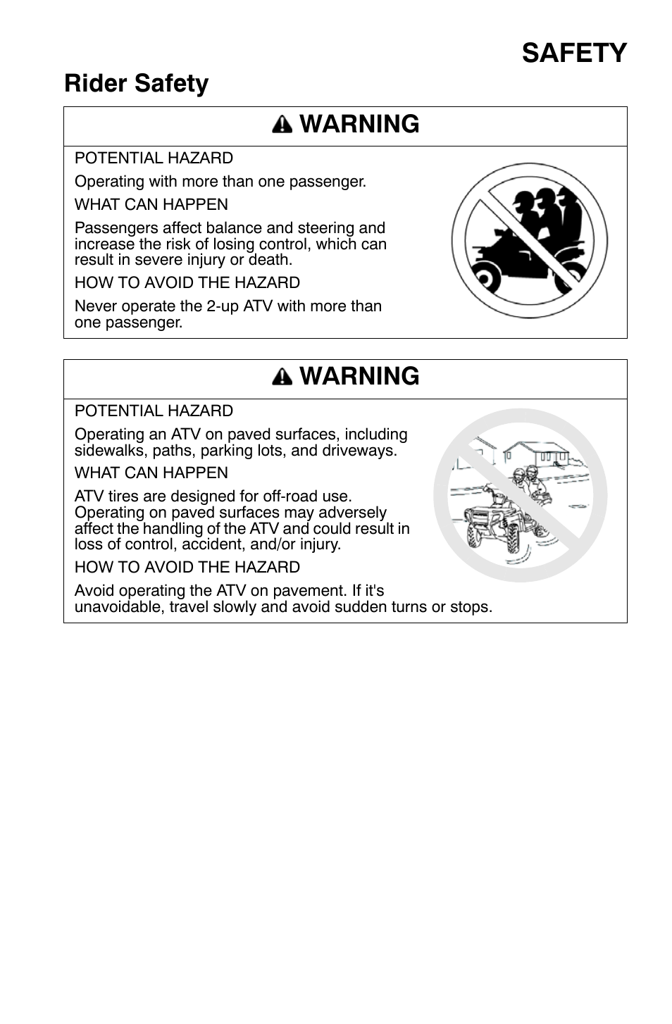 Safety, Rider safety warning, Warning | Polaris Sportsman 9920630 User Manual | Page 21 / 149