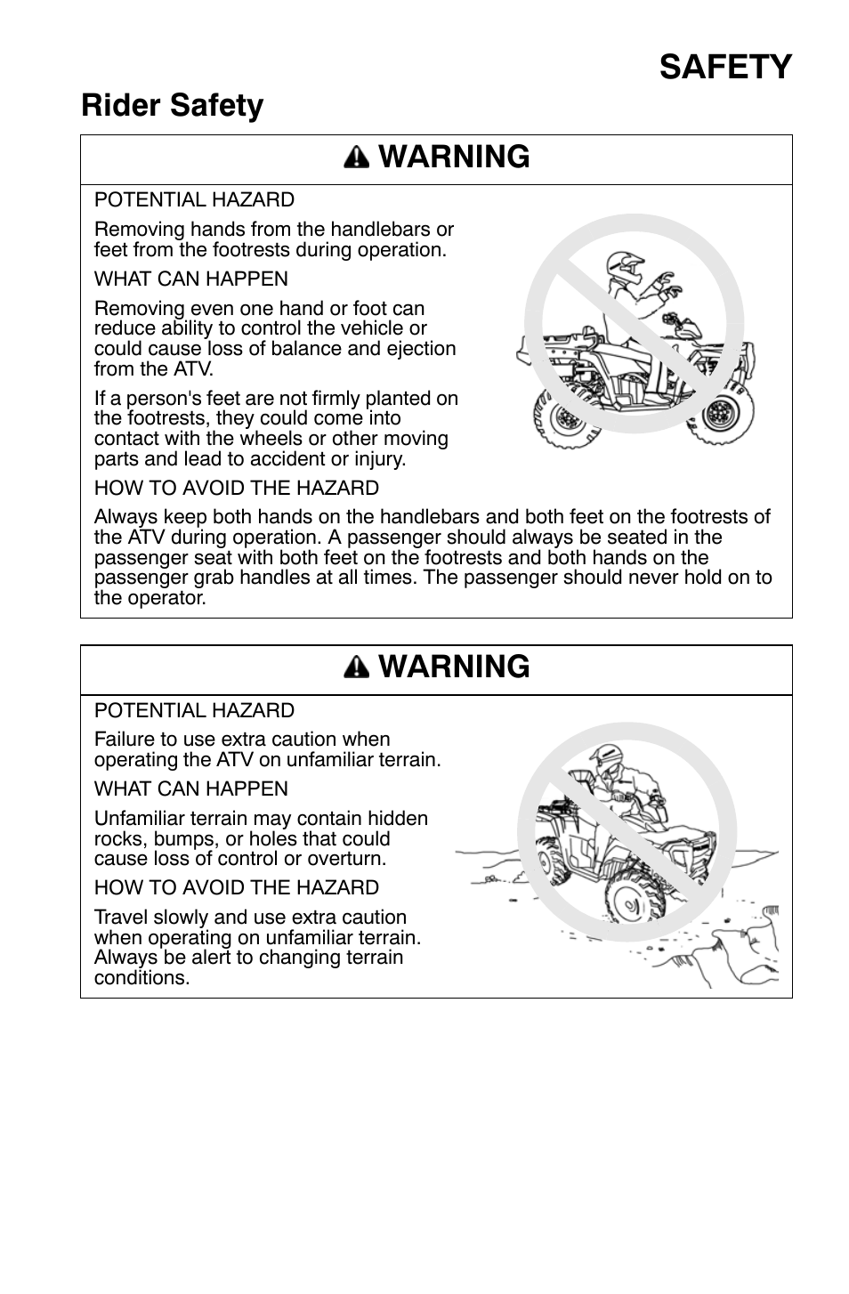 Safety, Rider safety warning, Warning | Polaris Sportsman 9920630 User Manual | Page 25 / 149