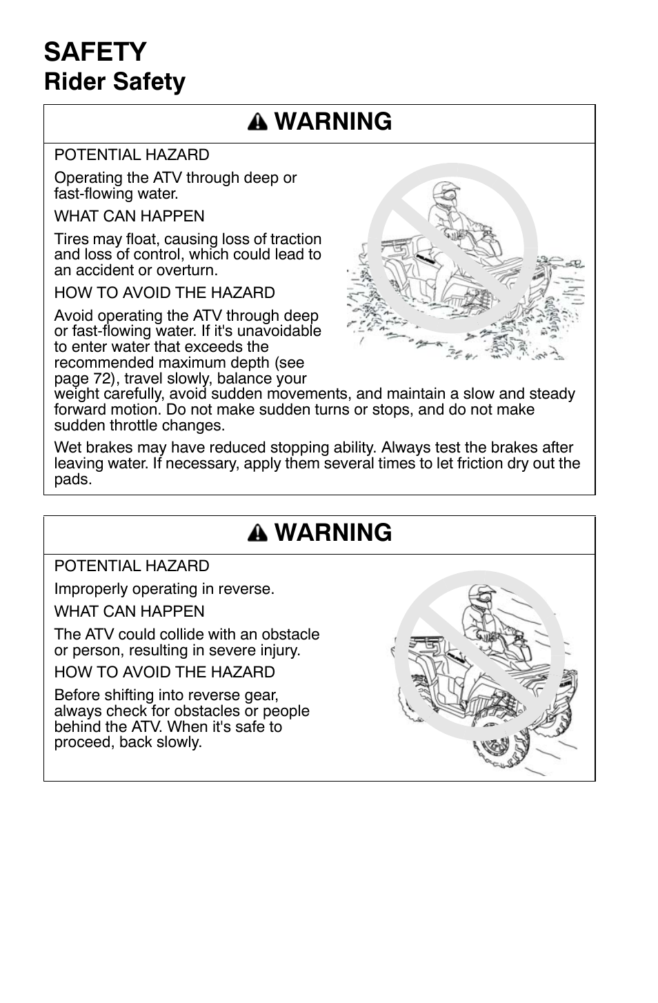 Safety, Rider safety warning, Warning | Polaris Sportsman 9920630 User Manual | Page 32 / 149