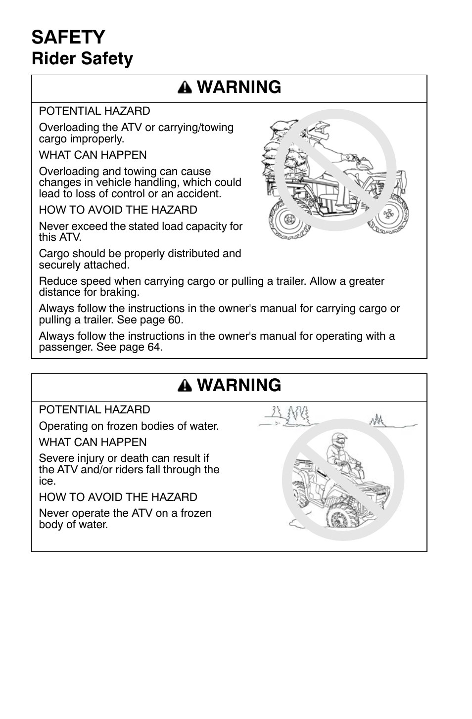 Safety, Rider safety warning, Warning | Polaris Sportsman 9920630 User Manual | Page 34 / 149