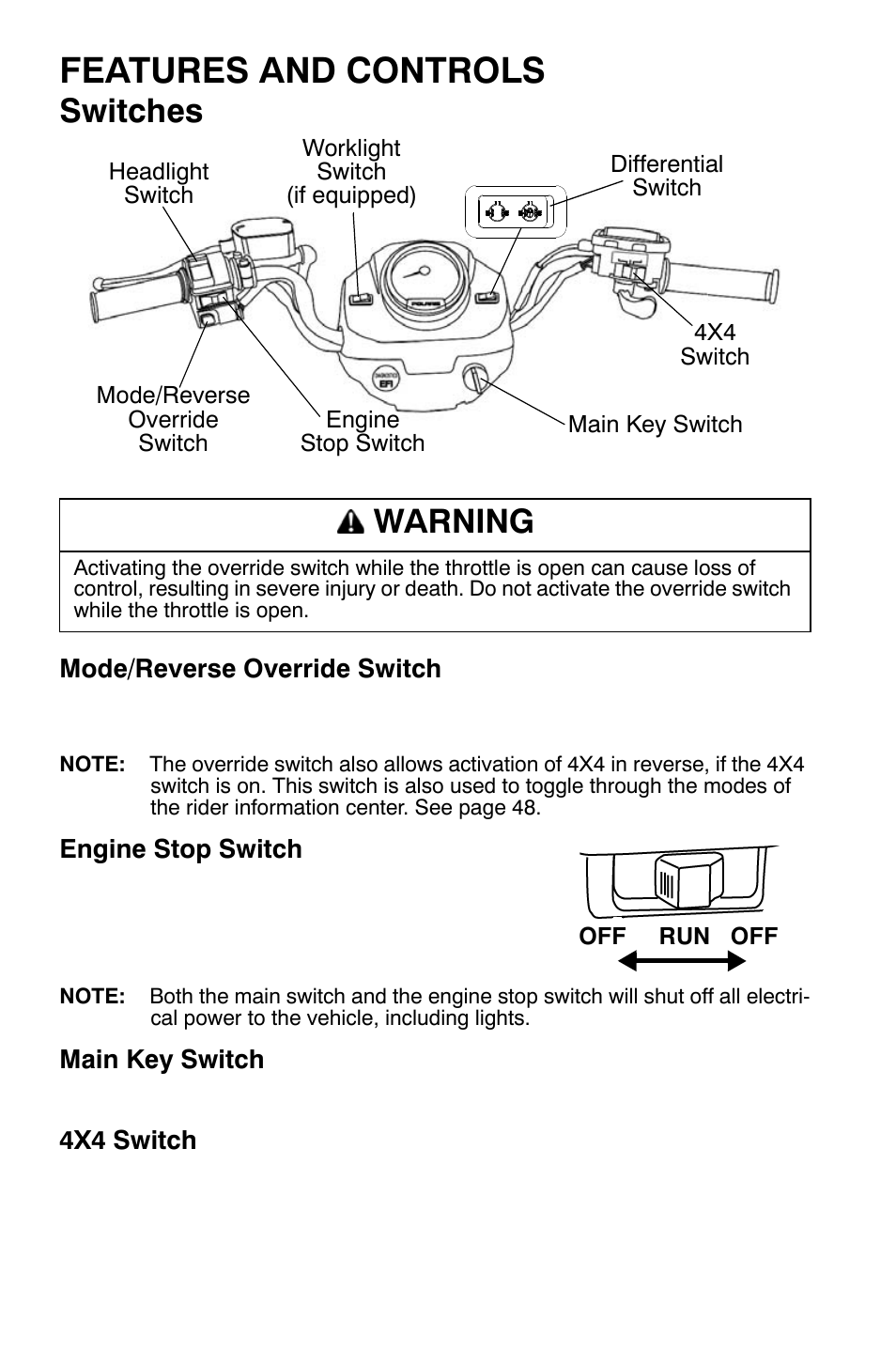 Features and controls, Switches, Warning | Polaris Sportsman 9920630 User Manual | Page 36 / 149