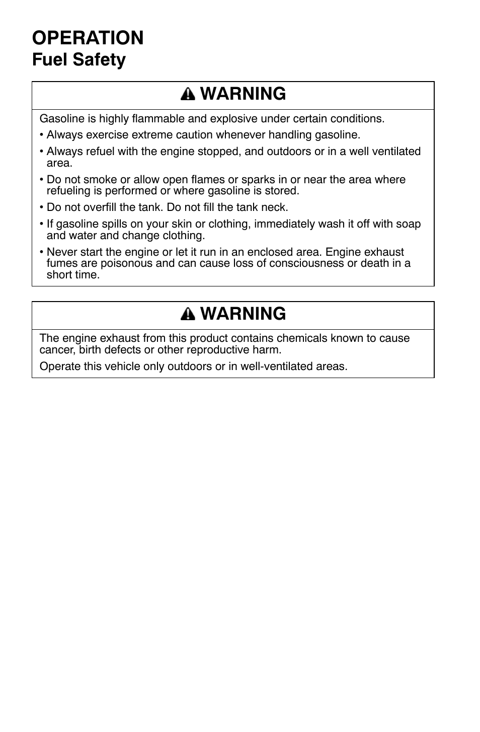 Operation, Fuel safety warning, Warning | Polaris Sportsman 9920630 User Manual | Page 56 / 149