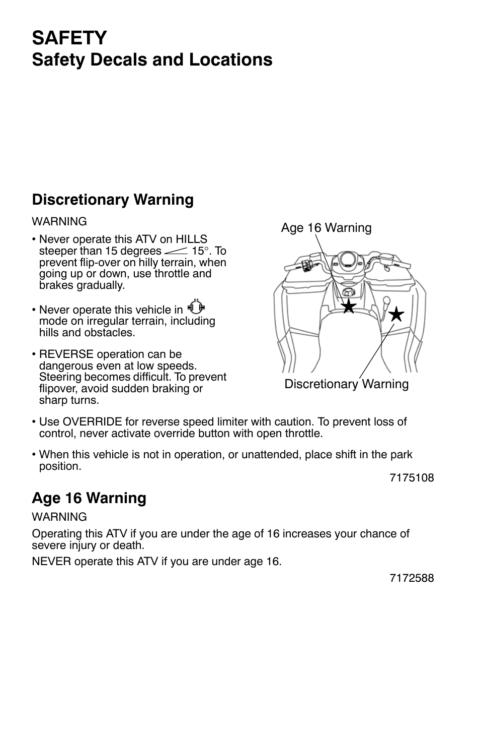 Safety, Safety decals and locations, Discretionary warning | Age 16 warning | Polaris Sportsman 9920630 User Manual | Page 6 / 149