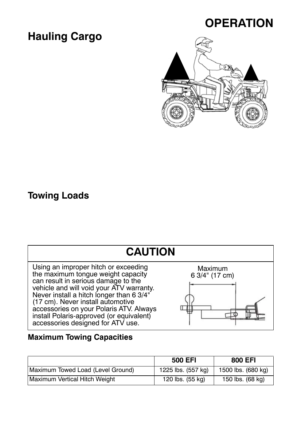 Operation, Hauling cargo, Caution | Towing loads | Polaris Sportsman 9920630 User Manual | Page 61 / 149