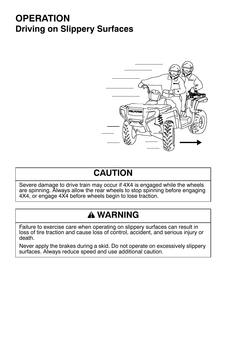 Operation, Driving on slippery surfaces, Caution | Warning | Polaris Sportsman 9920630 User Manual | Page 66 / 149