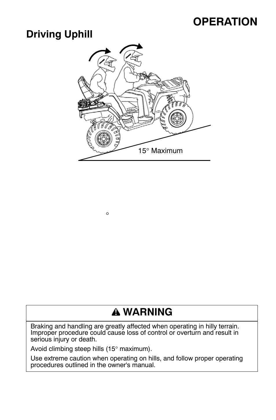 Operation, Driving uphill, Warning | Polaris Sportsman 9920630 User Manual | Page 67 / 149