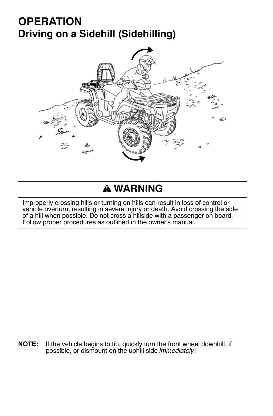 Operation, Driving on a sidehill (sidehilling), Warning | Polaris Sportsman 9920630 User Manual | Page 68 / 149