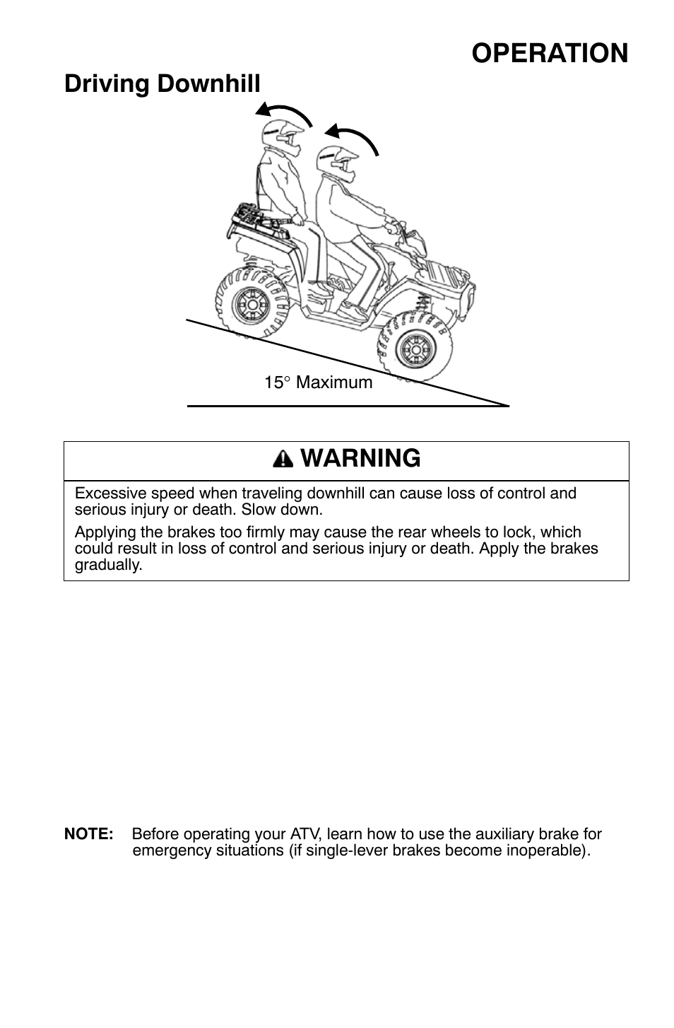 Operation, Driving downhill, Warning | Polaris Sportsman 9920630 User Manual | Page 69 / 149