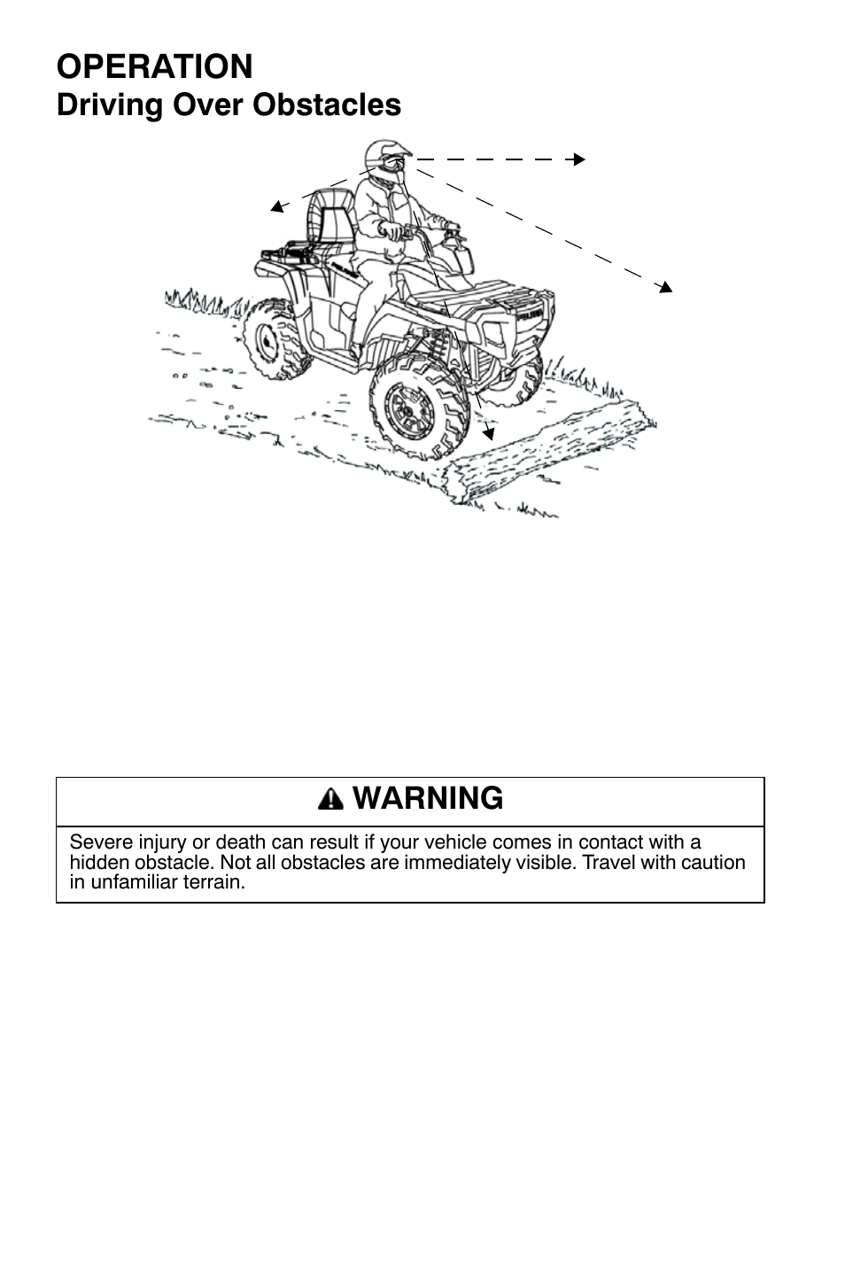 Operation, Driving over obstacles, Warning | Polaris Sportsman 9920630 User Manual | Page 74 / 149