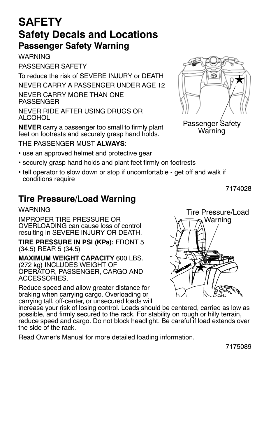 Safety, Safety decals and locations, Passenger safety warning | Tire pressure/load warning | Polaris Sportsman 9920630 User Manual | Page 8 / 149