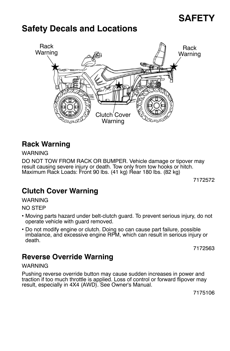 Safety, Safety decals and locations | Polaris Sportsman 9920630 User Manual | Page 9 / 149