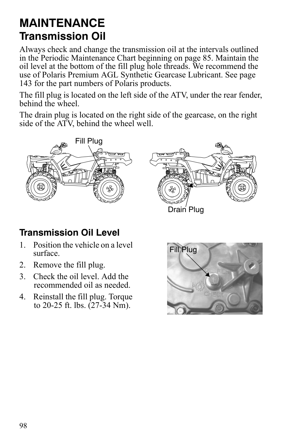 Maintenance, Transmission oil | Polaris Sportsman 700 X2 User Manual | Page 101 / 163