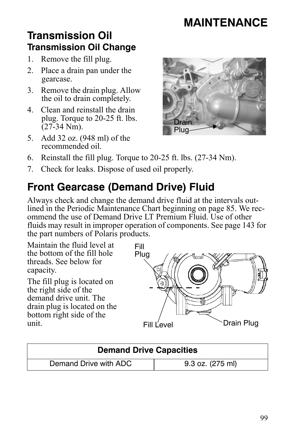 Maintenance, Transmission oil, Front gearcase (demand drive) fluid | Polaris Sportsman 700 X2 User Manual | Page 102 / 163