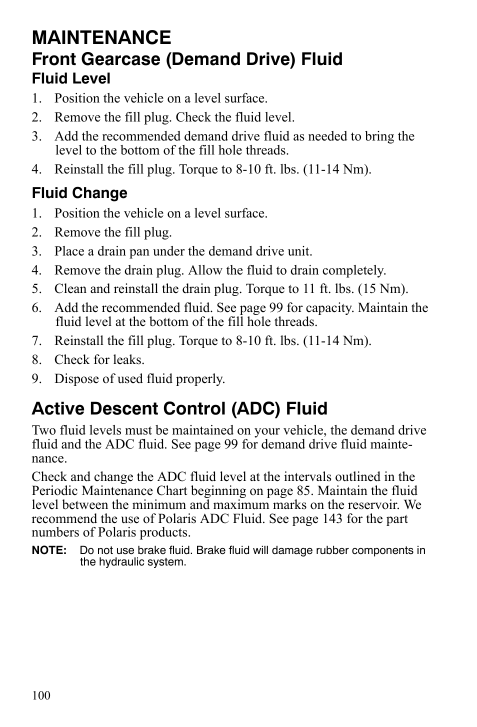 Maintenance, Front gearcase (demand drive) fluid, Active descent control (adc) fluid | Polaris Sportsman 700 X2 User Manual | Page 103 / 163