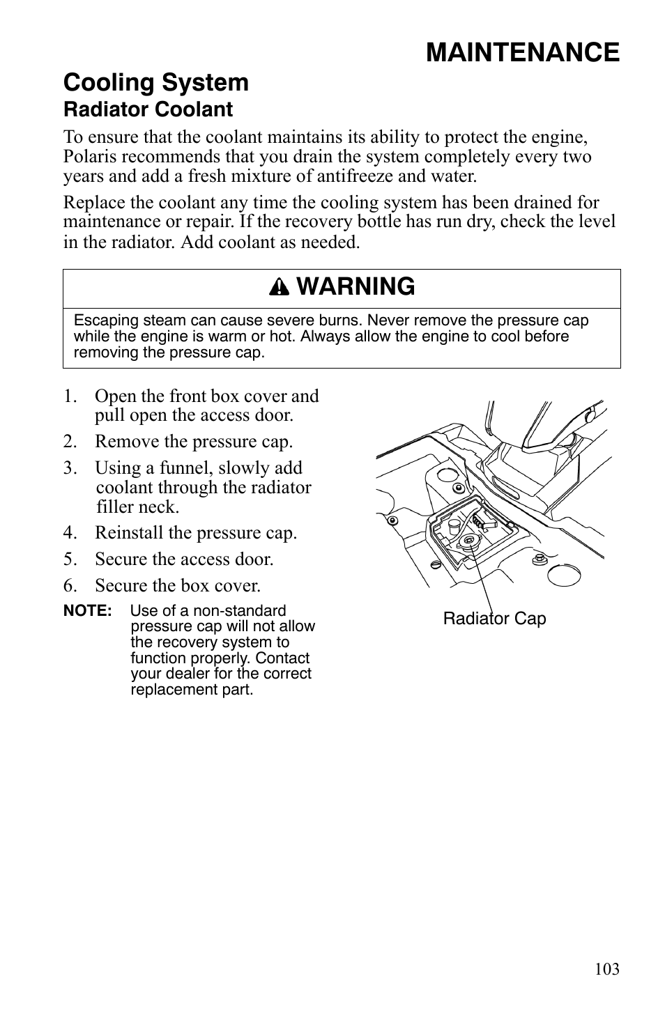 Maintenance, Cooling system, Warning | Radiator coolant | Polaris Sportsman 700 X2 User Manual | Page 106 / 163